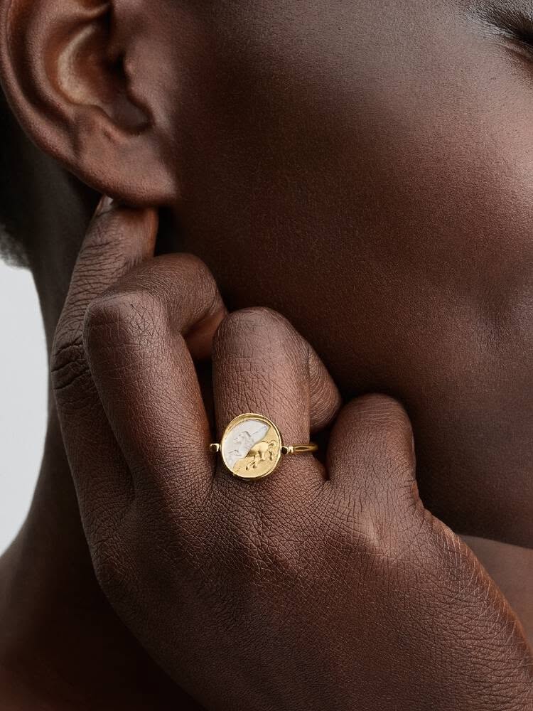 Pegasus 14k gold-plated spinnable ring with golden white bioresin man-made mother of pearl