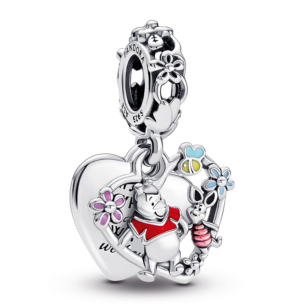 Disney Winnie the Pooh sterling silver double heart dangle with yellow, red, transparent cerise, pink and blue enamel
