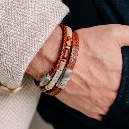 Riley - Caramel -  Leather Box Braided Bracelet