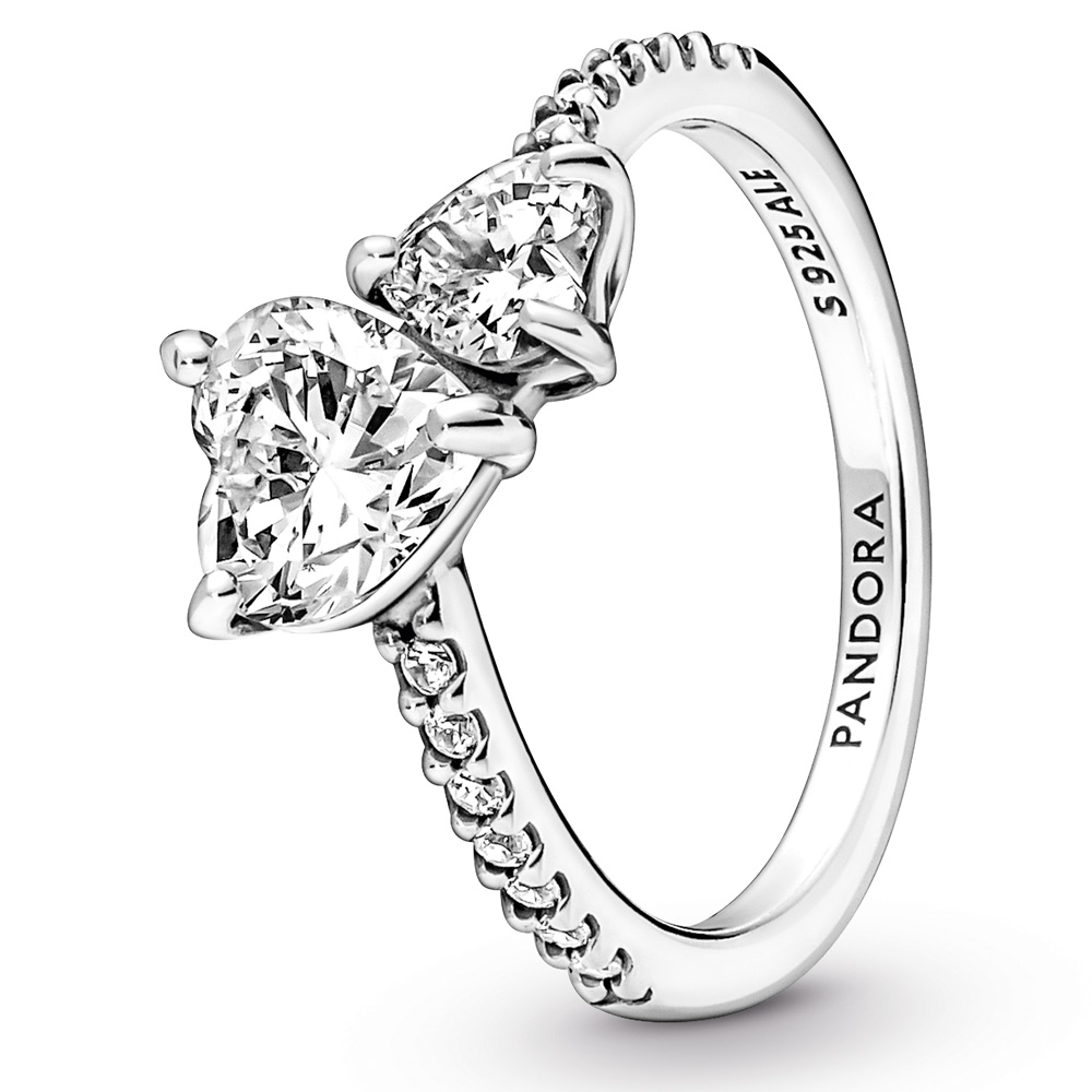 Double heart sterling silver ring with clear cubic zirconia