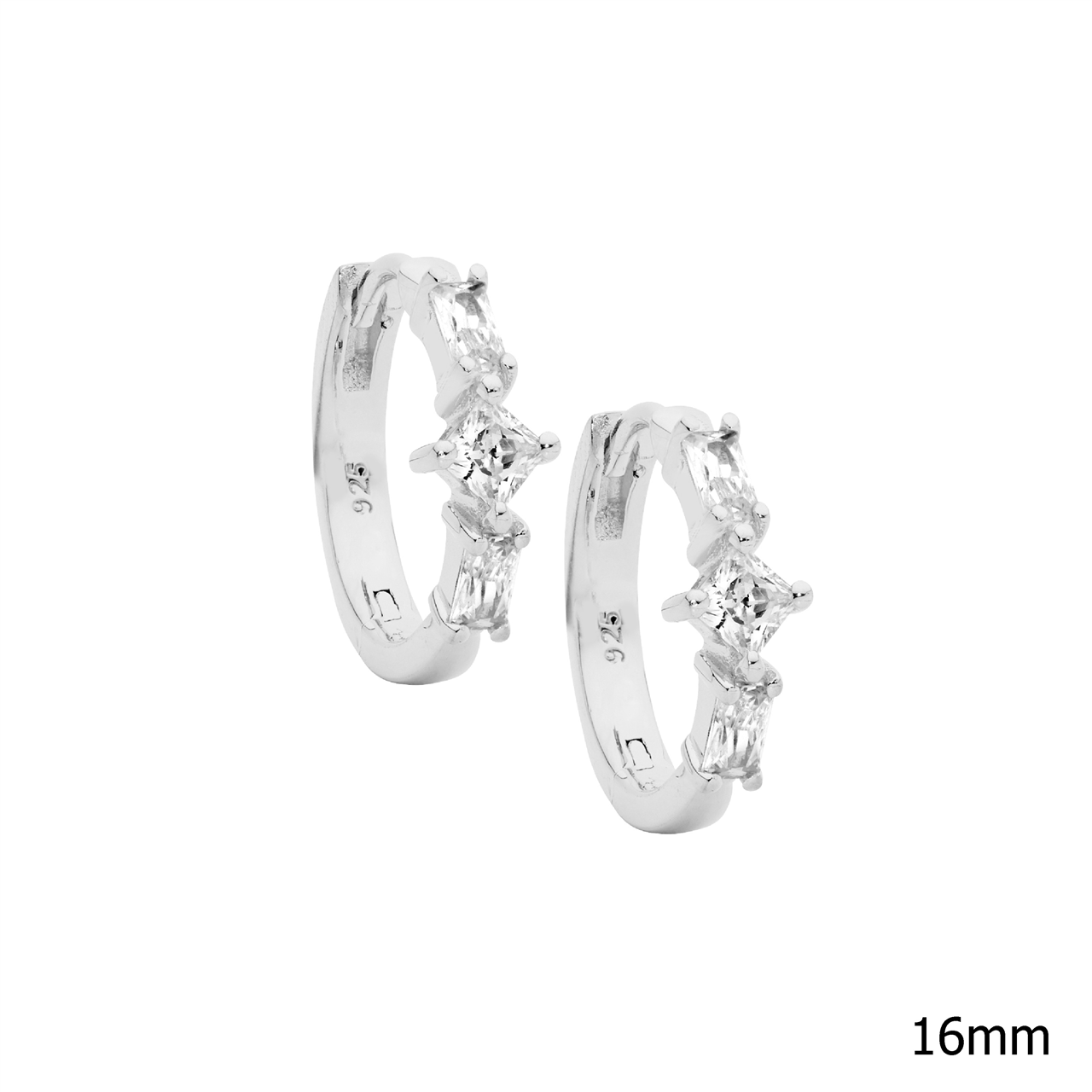 Ellani SS Baguette & Princess WH CZ 16mm Hoop Earrings W/Rose Gold Plating