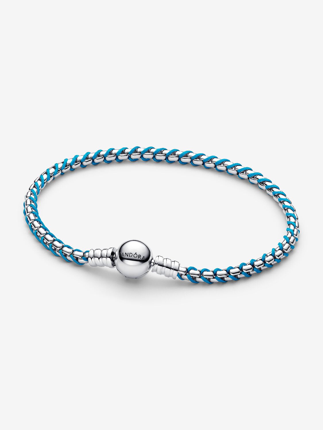 Braided sterling silver box chain bracelet with turquoise textile cord