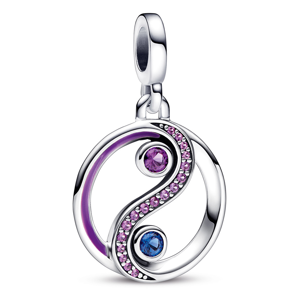 Pandora Ying and Yang sterling silver medallion with stellar blue and royal purple crystal and purple enamel
