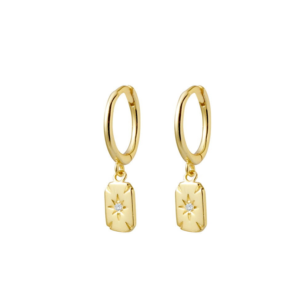 Premium Plated Brass Huggie Earrings with Petite Tag Featuring CZ North Star