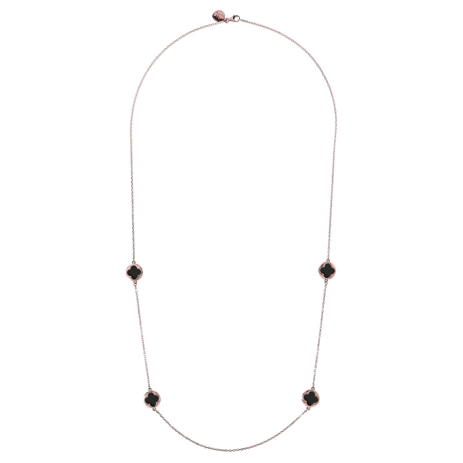 Bronzallure Alba Small Four-Leaf Clover Long Necklace Black Onyx