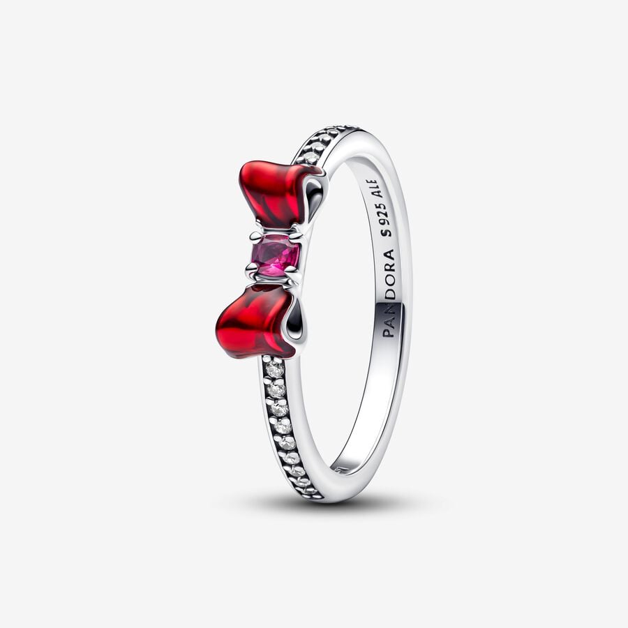 Disney Snow White bow sterling silver ring with fuchsia rose crystal, clear cubic zirconia and red enamel
