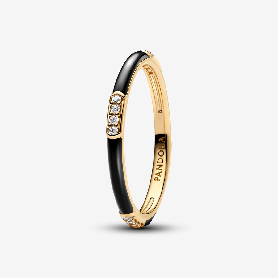 14k Gold-plated ring with clear cubic zirconia and black enamel
