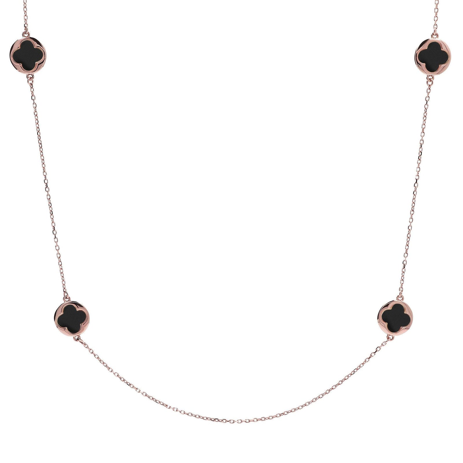 Bronzallure Alba Small Four-Leaf Clover Long Necklace Black Onyx