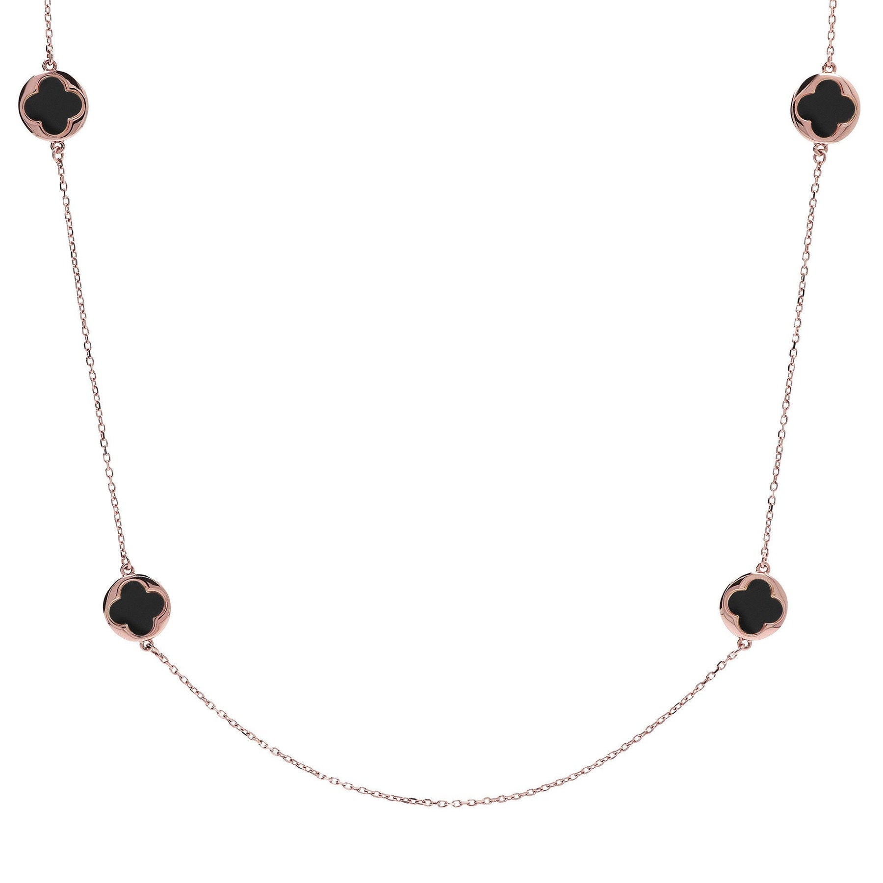 Bronzallure Alba Small Four-Leaf Clover Long Necklace Black Onyx