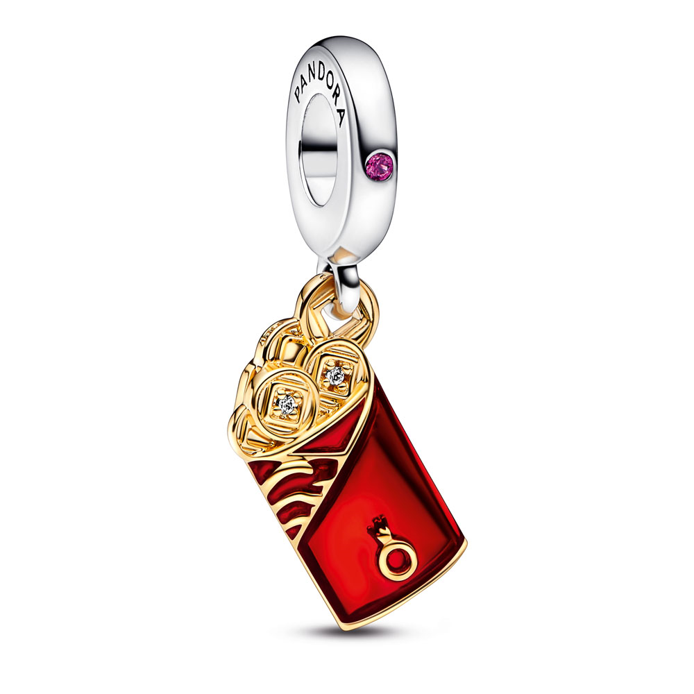 Red envelope sterling silver and 14 gold plated dangle with synthetic ruby, clear cubic zirconia and red enamel