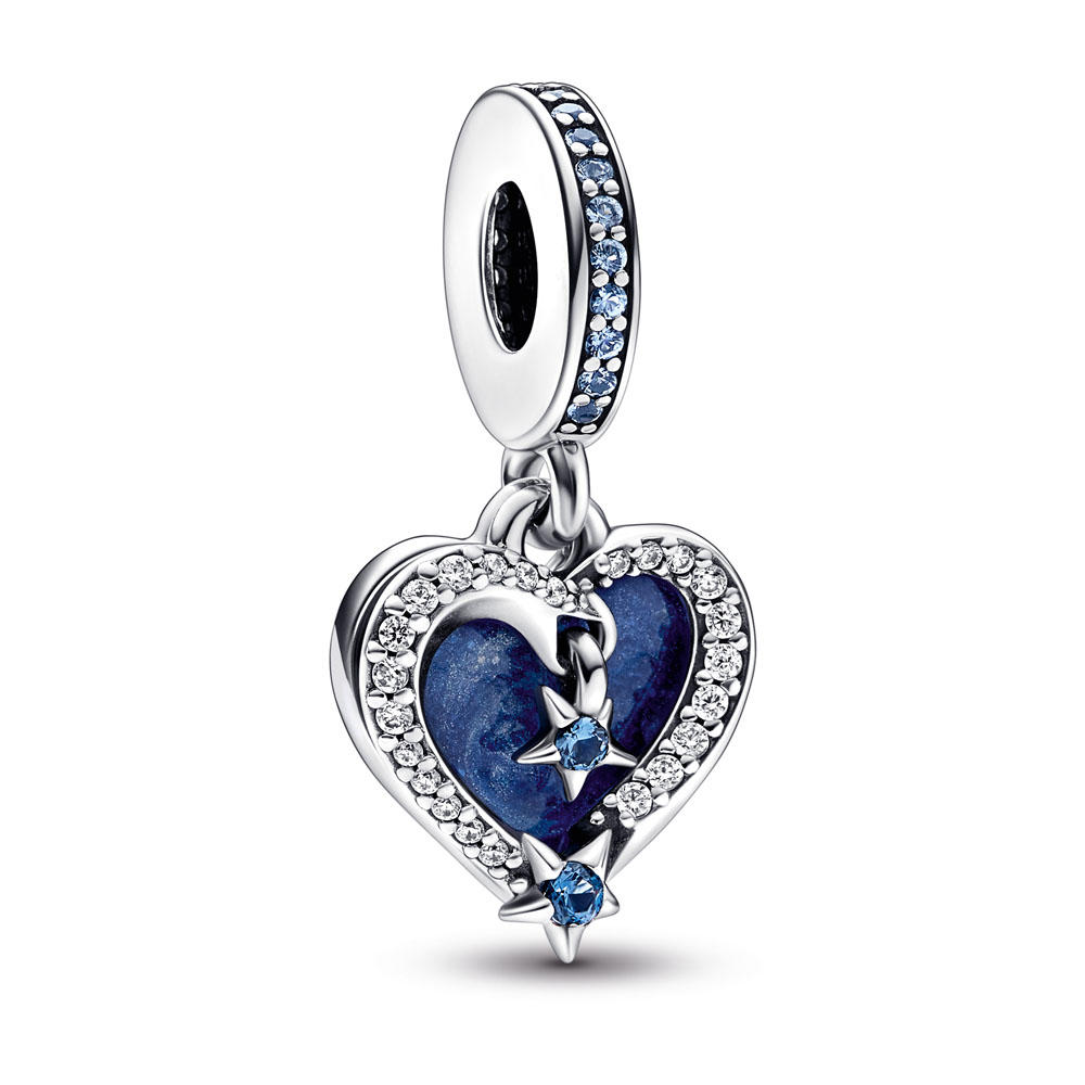 Shooting stars heart sterling silver double dangle with moonlight blue crystal, clear cubic zirconia and shimmering light blue enamel