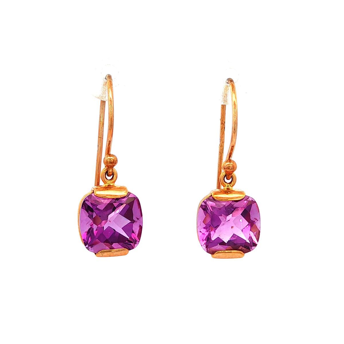 Cushion Cut Purple Amethyst Earrings in Yellow Gold