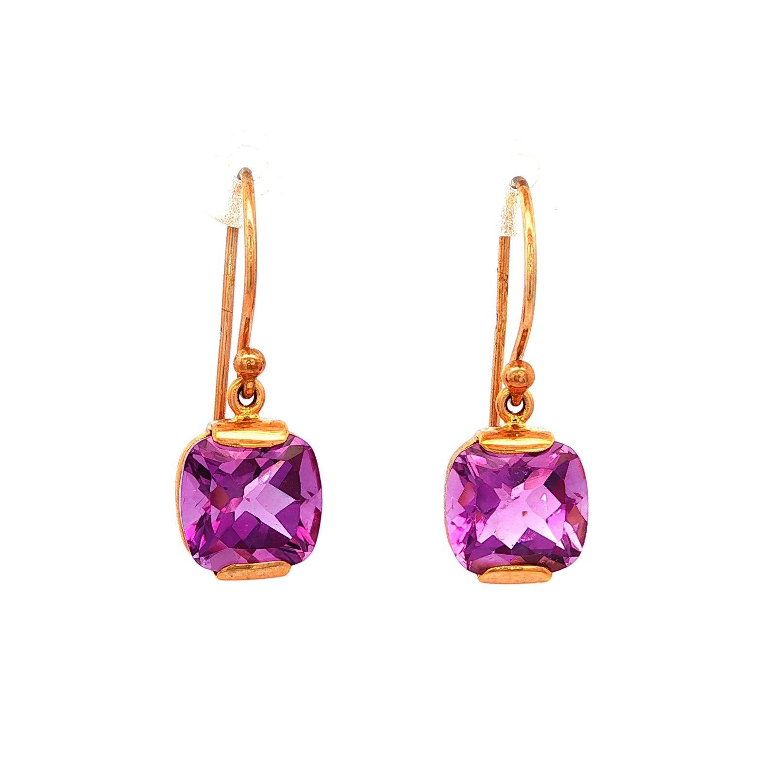 Cushion Cut Purple Amethyst Earrings in Yellow Gold