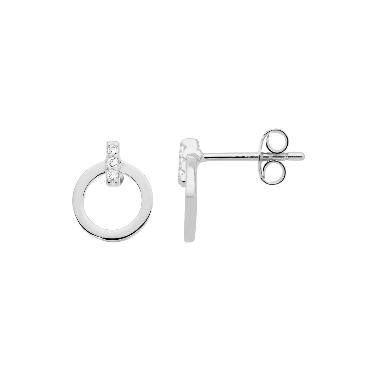 Ellani Sterling Silver Open Circle Stud Earrings with Cubic Zirconia Bar Feature