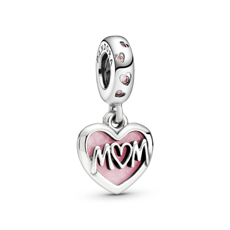 Mum Script Heart Silver Hanging Charm w Shaded Pink Enamel