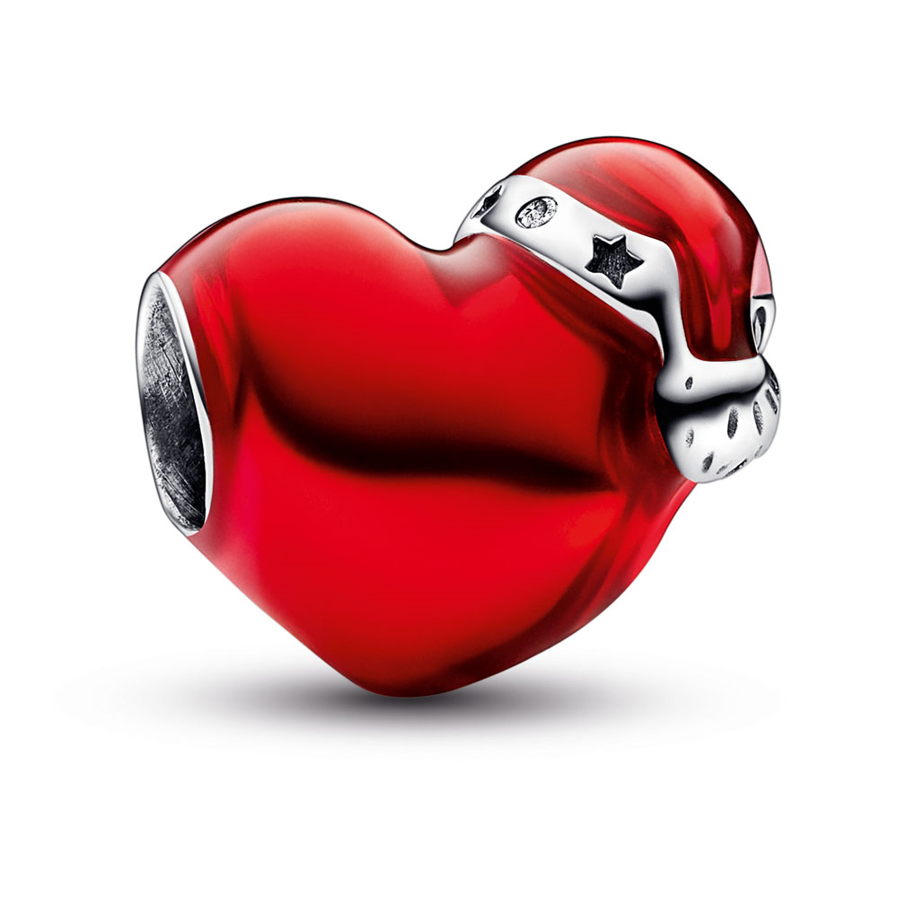 Christmas heart sterling silver charm with clear cubic zirconia and transparent red enamel