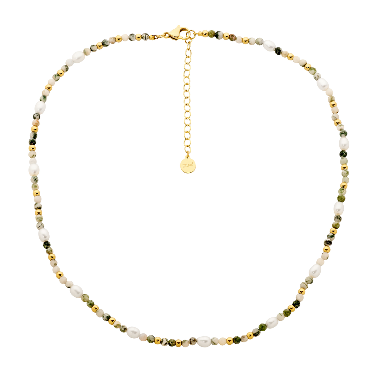 Ellani Stainless Steel Tree Agate & Freshwater Pearl 40cm Necklace W/Gold IP Plating