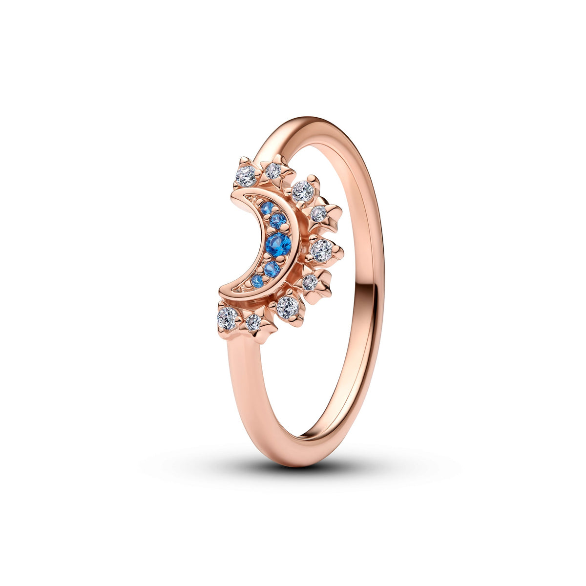 Celestial moon 14k rose gold-plated ring with night blue crystal and clear cubic zirconia