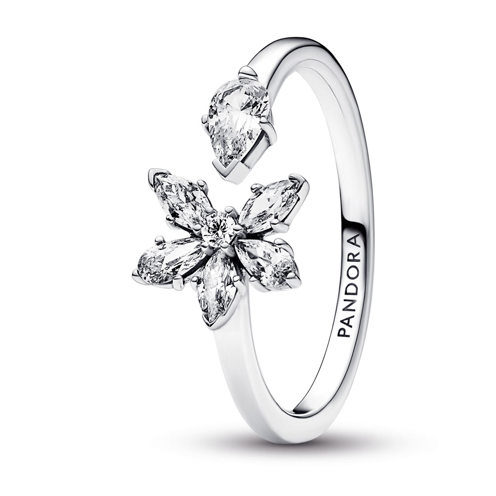 Herbarium cluster sterling silver open ring with clear cubic zirconia