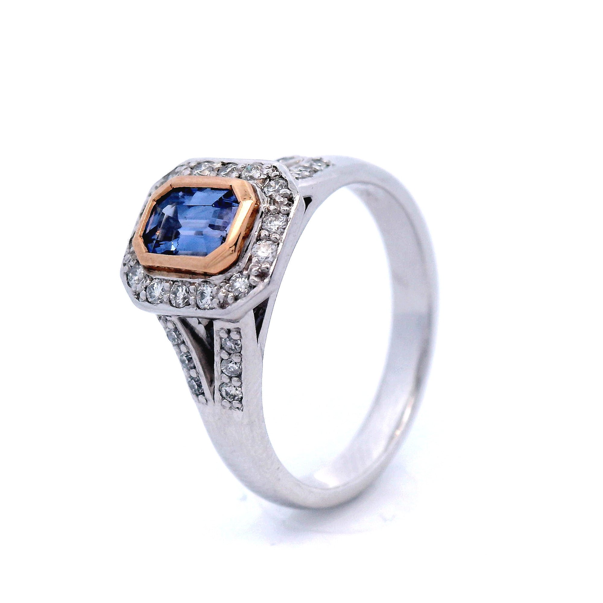 Ceylon Sapphire and Diamond Split Shank Dress Ring in White Gold