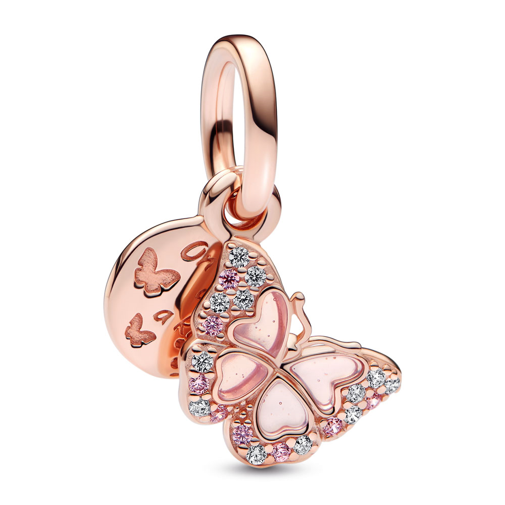 Butterfly 14k rose gold-plated dangle with fancy fairy tale pink and clear cubic zirconia, transparent pink plique a jour enamel