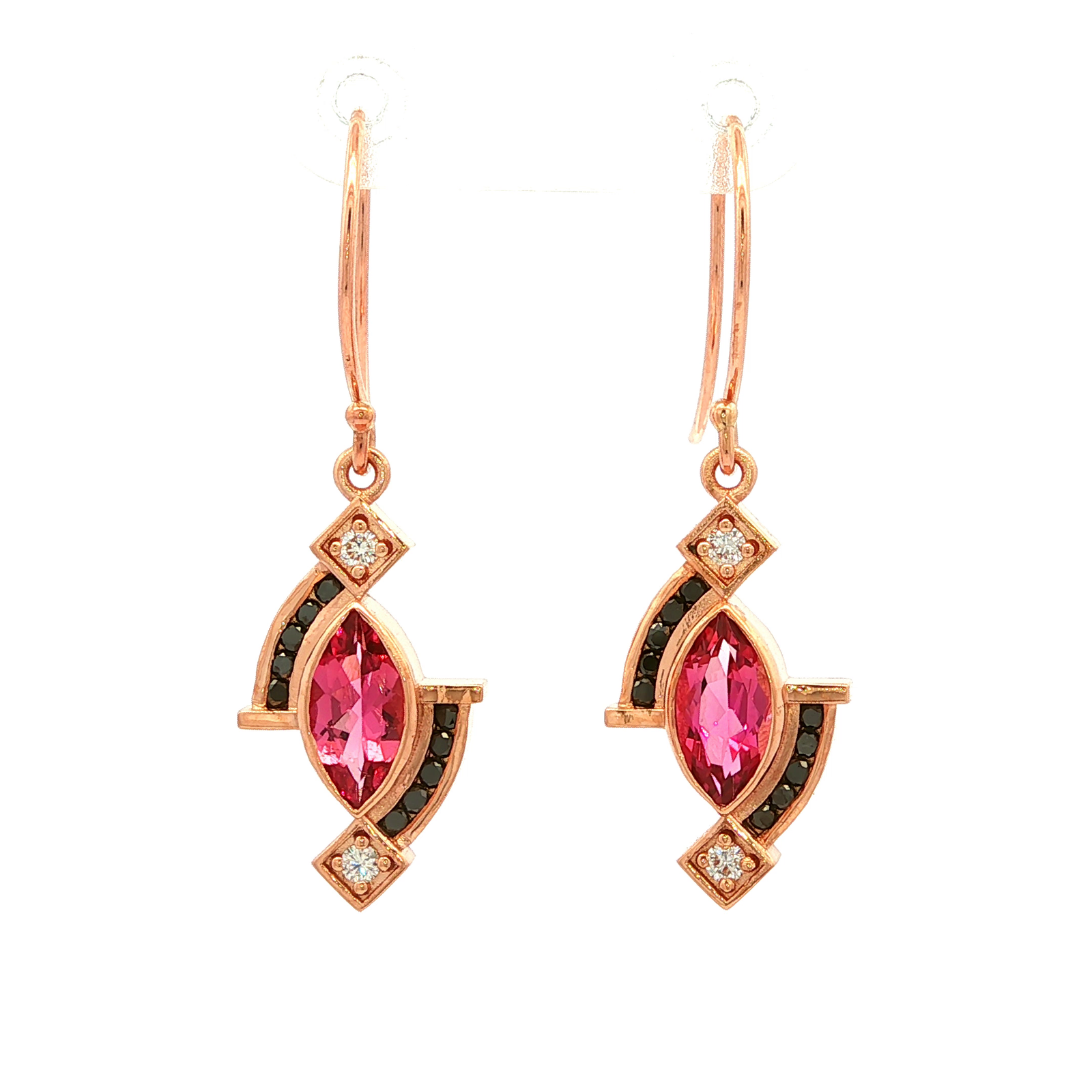 Pink Tourmaline, Black and White Diamond Earrings in Rose Gold