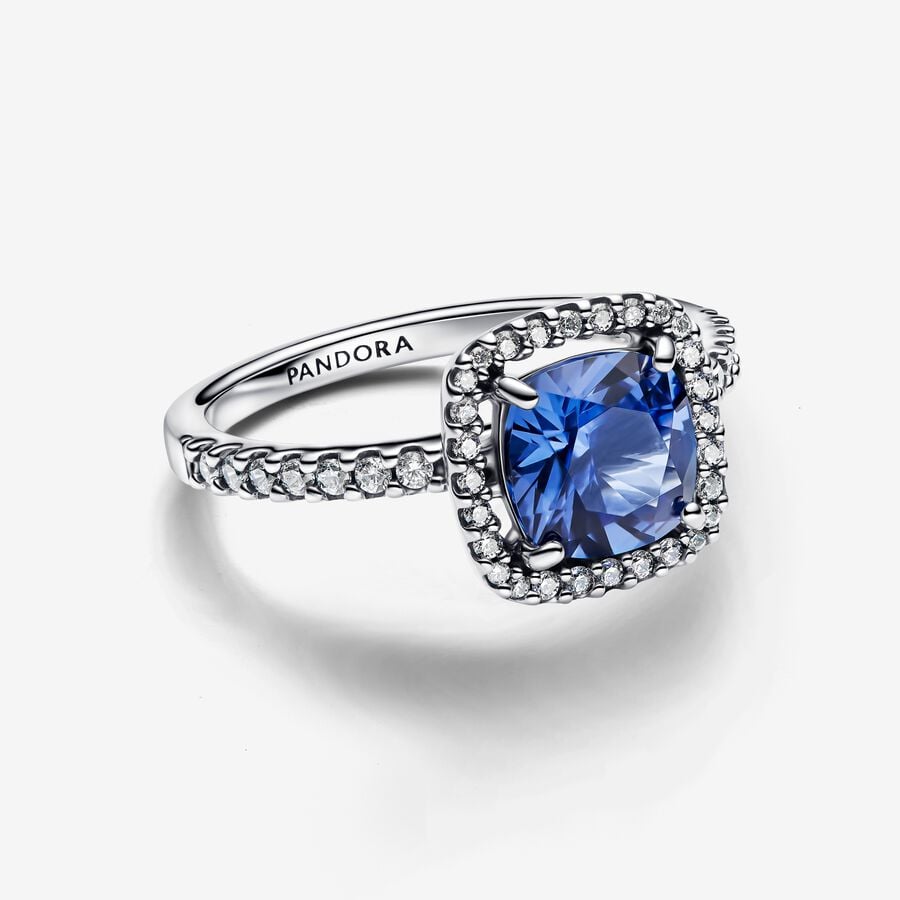 Sparkling Square Blue Halo Statement Ring