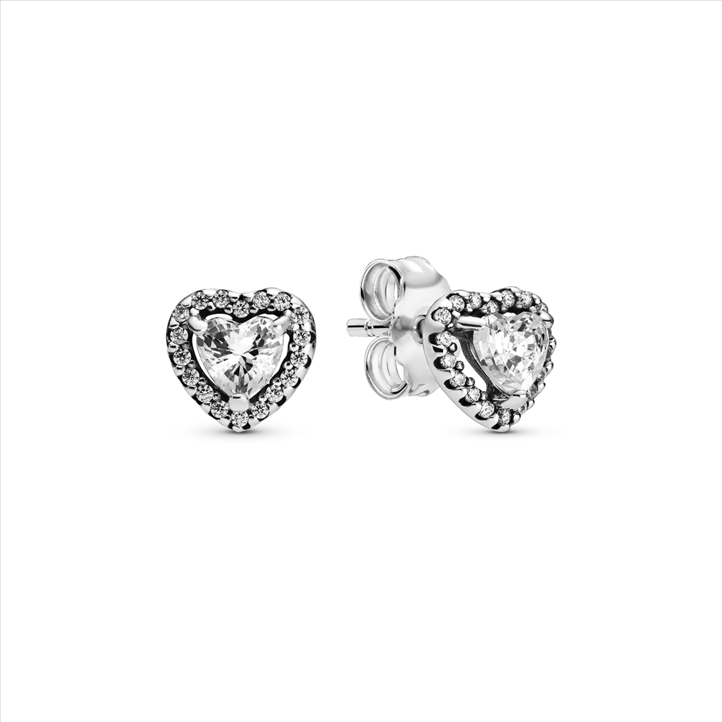 Pandora Heart Silver Stud Earrings w Clear CZ