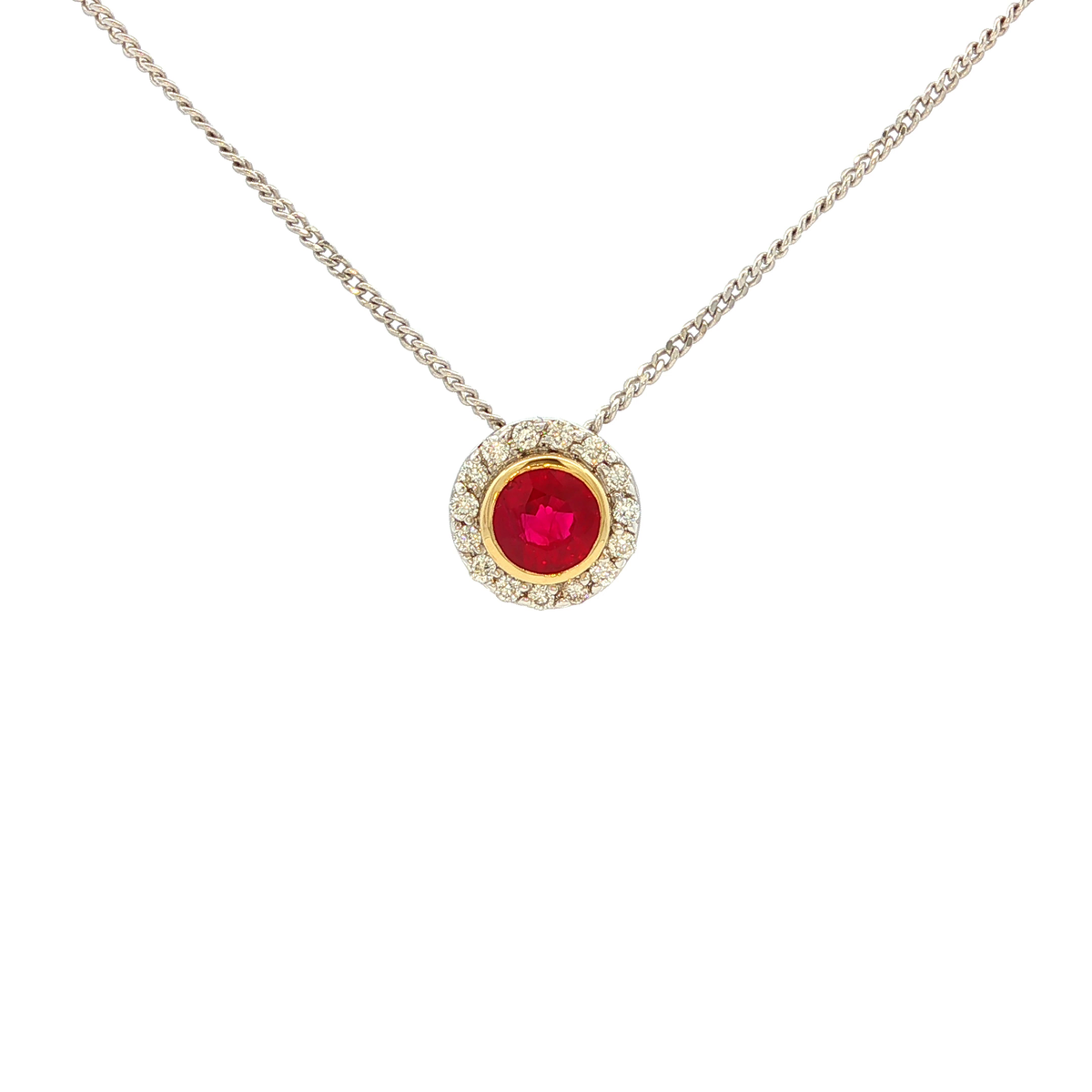 Ruby and Diamond Halo Pendant in White Gold