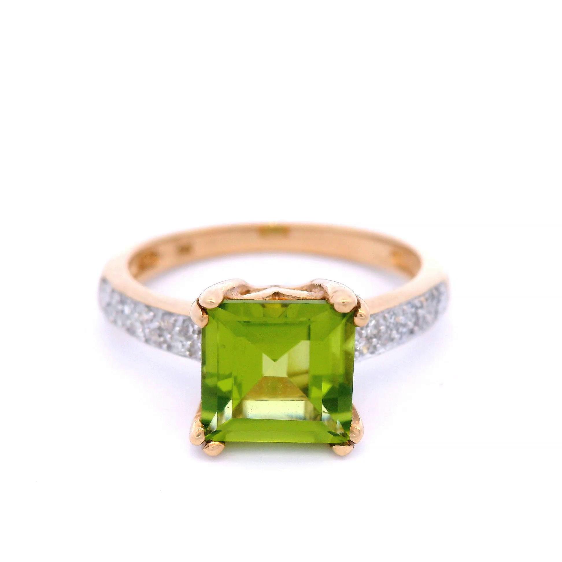 Square Peridot and Diamond in Yellow Gold Dress Ring