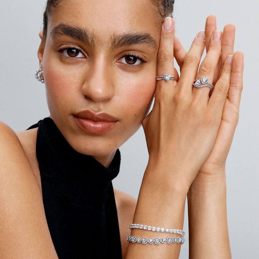 Wave heart sterling silver ring with clear cubic zirconia