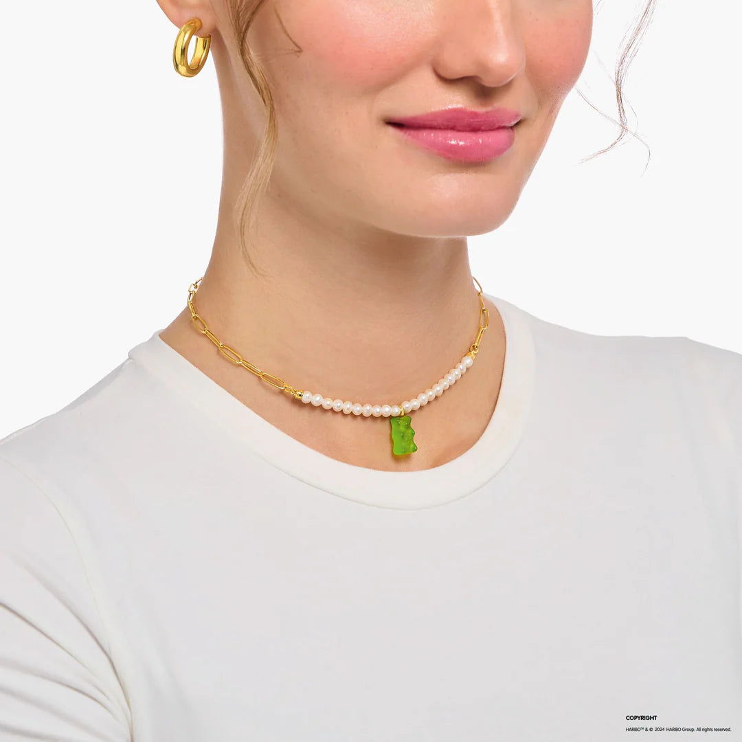 Thomas Sabo Gold-plated Link necklace with Apply Green Goldbear & Freshwater Pearl