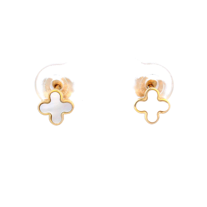 Mother Of Pearl Clover Stud Earrings In 9K Yellow Gold