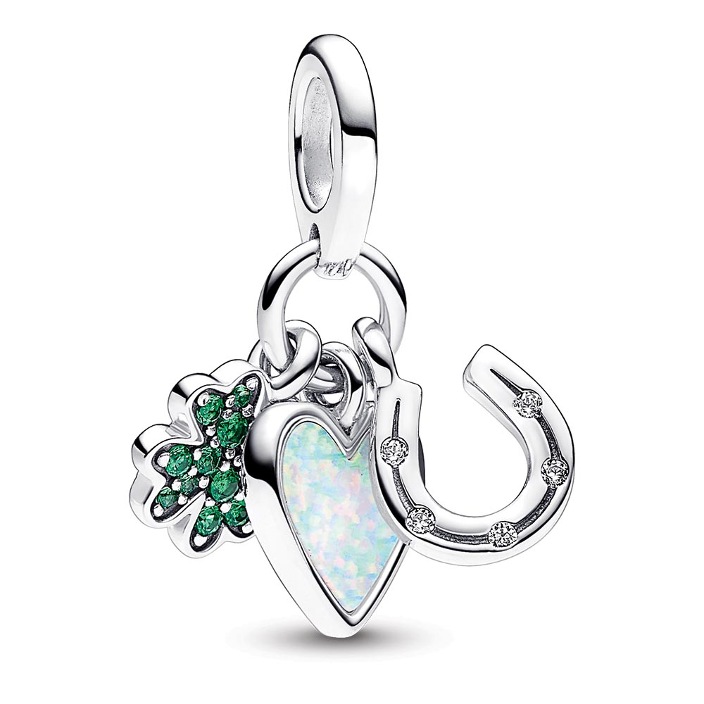 Four Leaf Clover, Heart and Horseshoe Triple Dangle Charm