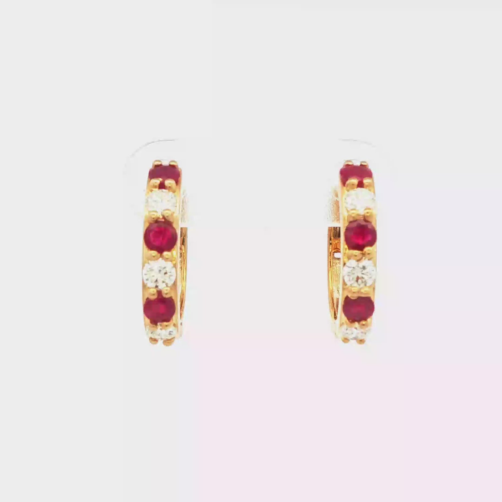 Yellow Gold Hoop Earrings with Round Cabochon Cut Rubies