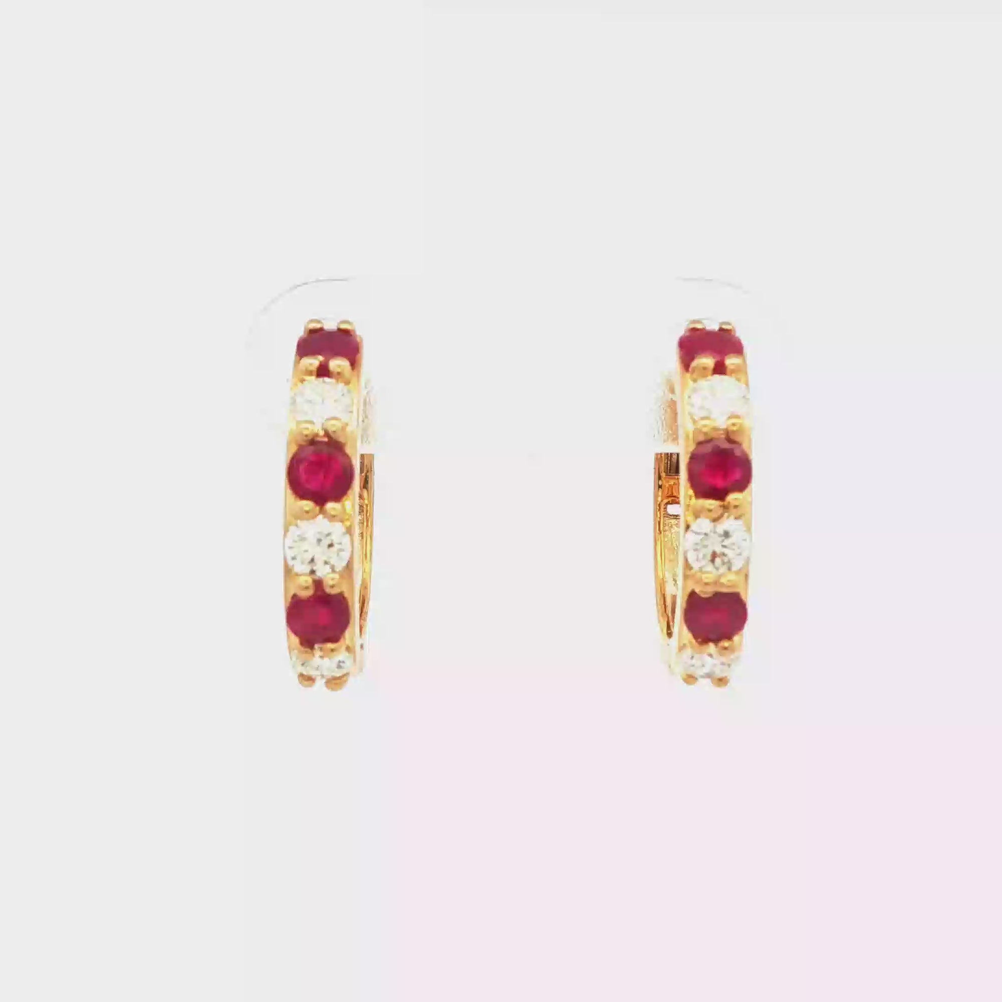 Yellow Gold Hoop Earrings with Round Cabochon Cut Rubies