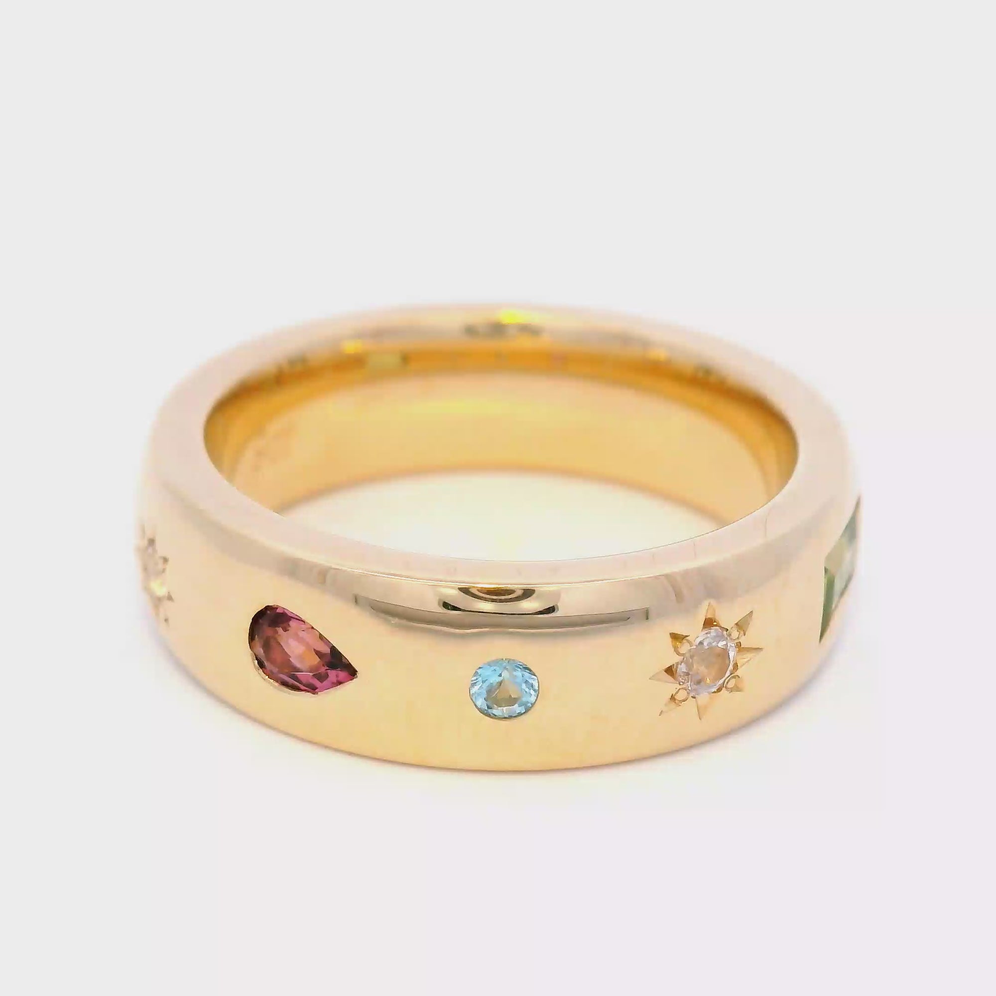 Morganite, Blue Topaz and Pink Tourmaline Dress Ring in Yellow Gold