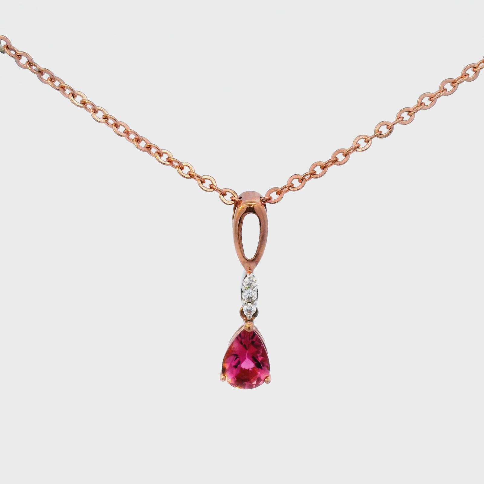 Pink Touormaline & Diamond Drop Pendant in Rose Gold
