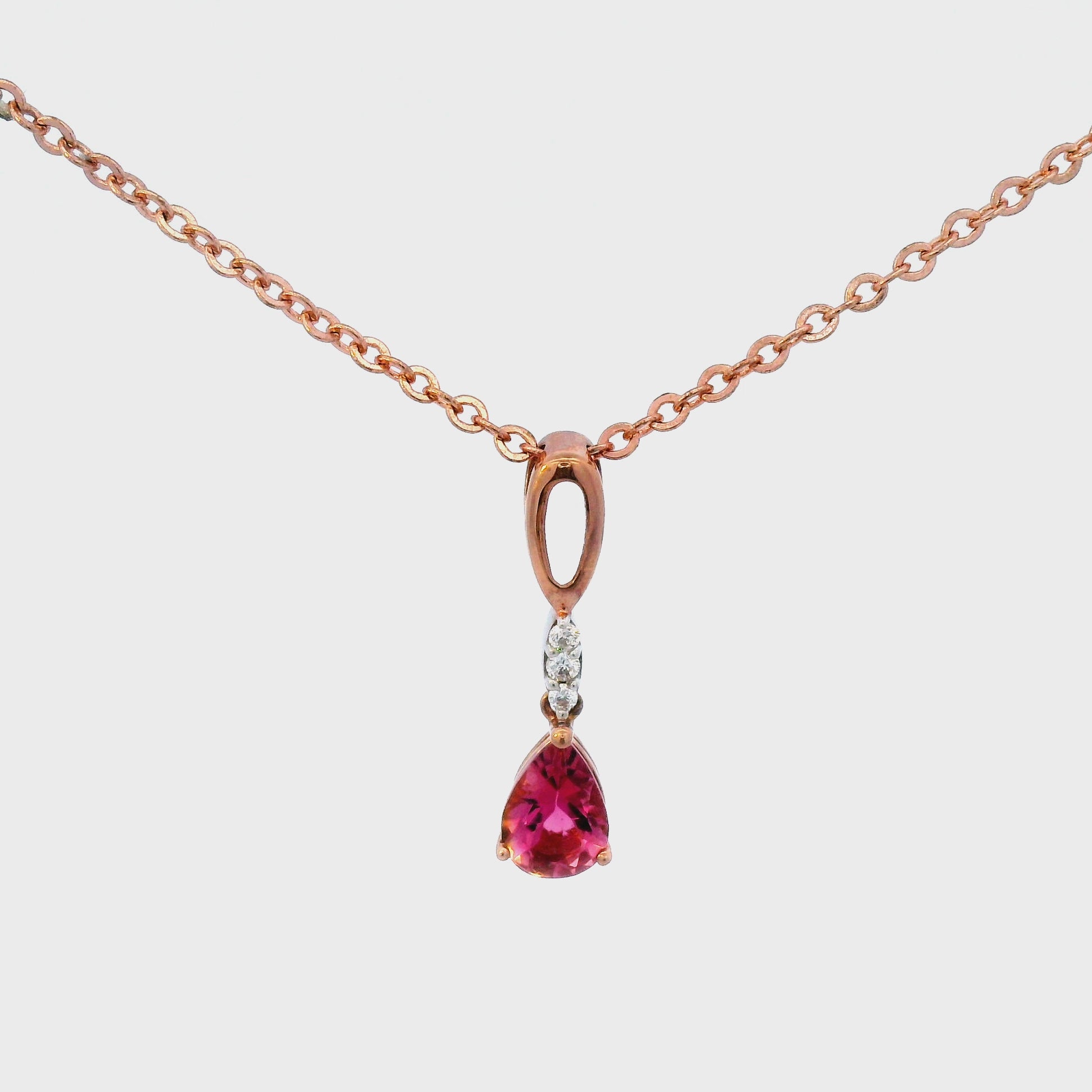 Pink Touormaline & Diamond Drop Pendant in Rose Gold