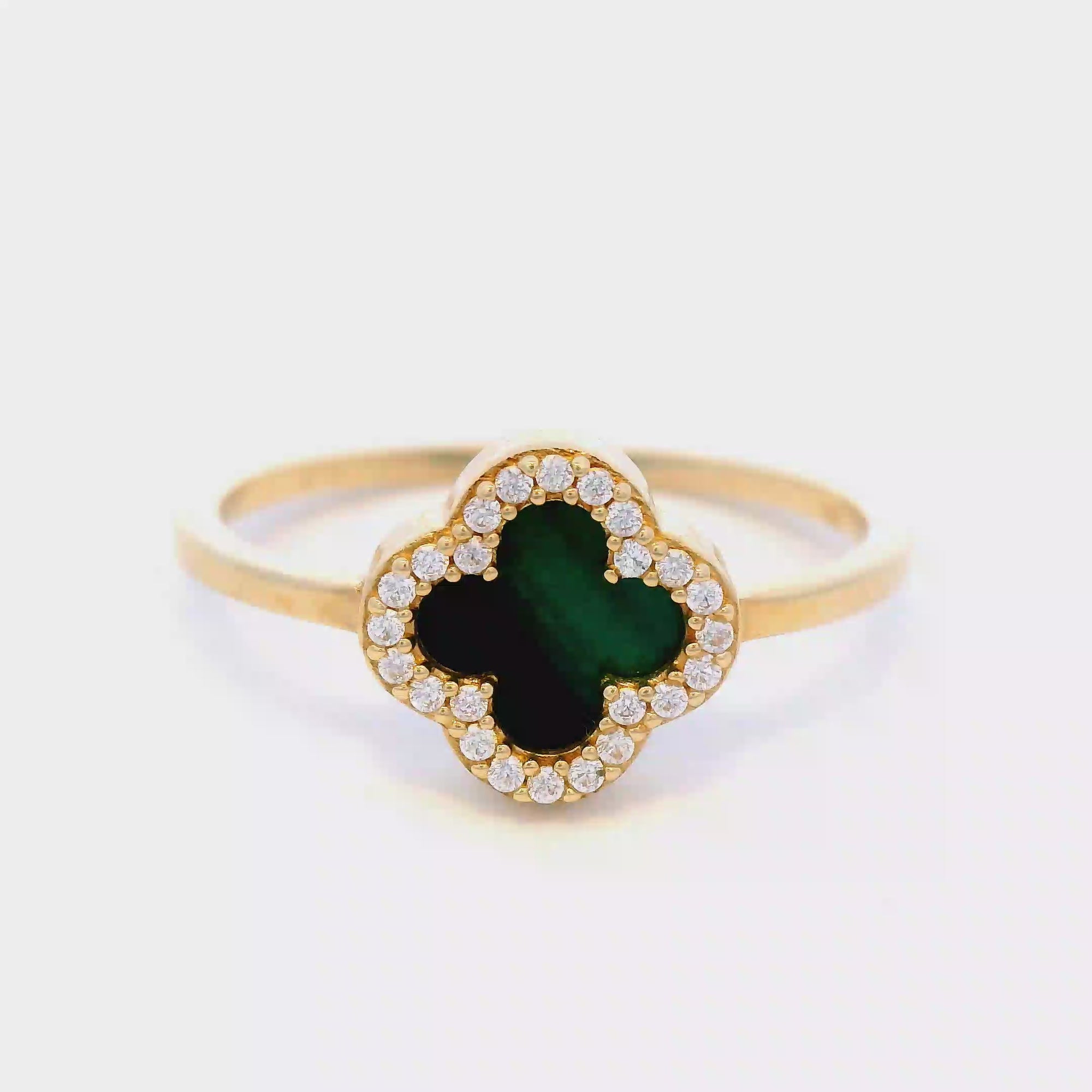 Malachite Clover Dress Ring with Cubic Zirconia Surround in 9 Carat Yellow Gold