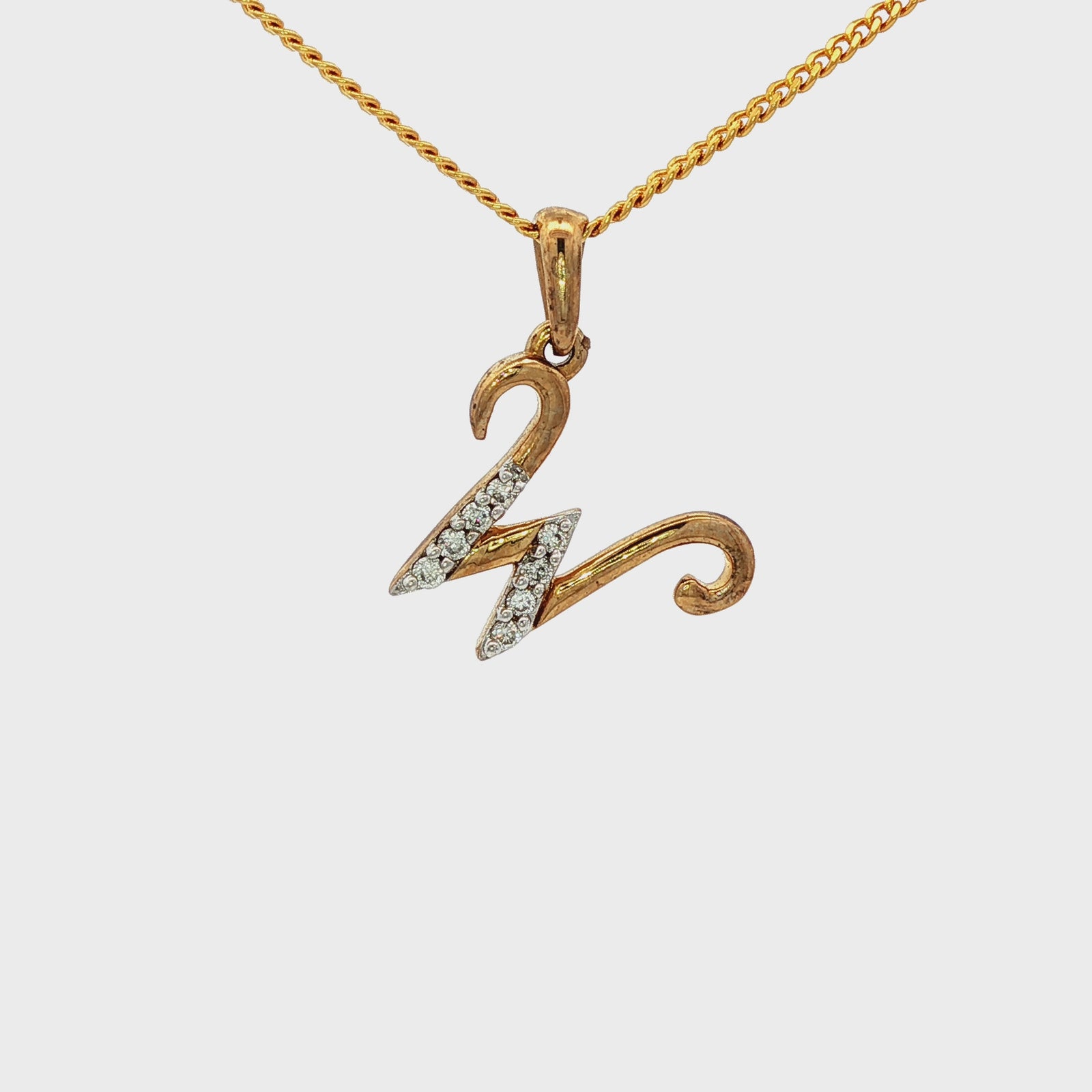 Yellow Gold Charm Necklace with Round Cut Diamond 'W' Pendant