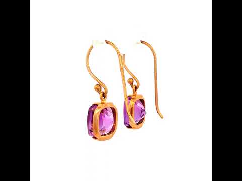 Cushion Cut Purple Amethyst Earrings in Yellow Gold
