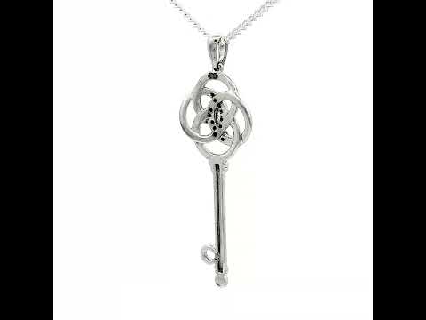 White Gold Plated Silver Key Pendant Necklace with Round Cut Diamonds