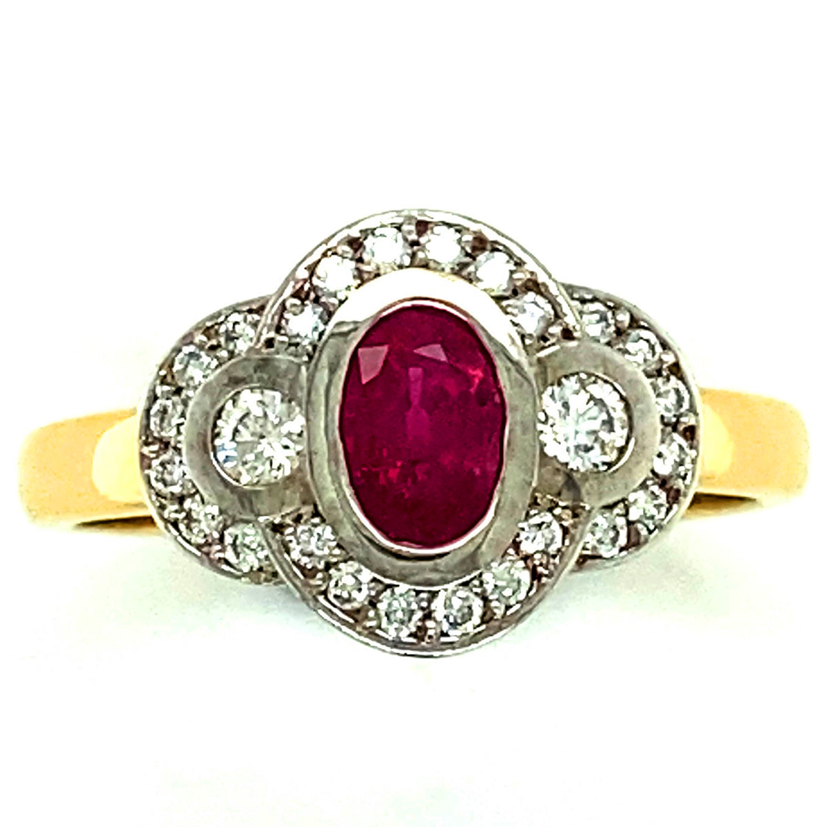 Oval Ruby & Diamond Halo Ring Set in 18ct Yellow and White Gold