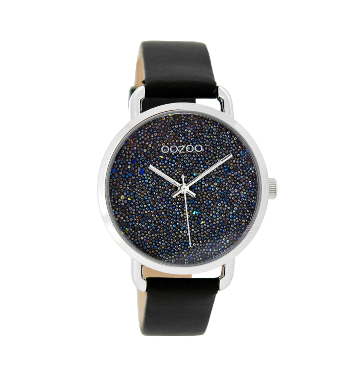 OOZOO 38mm Silver on Black Glitter Watch