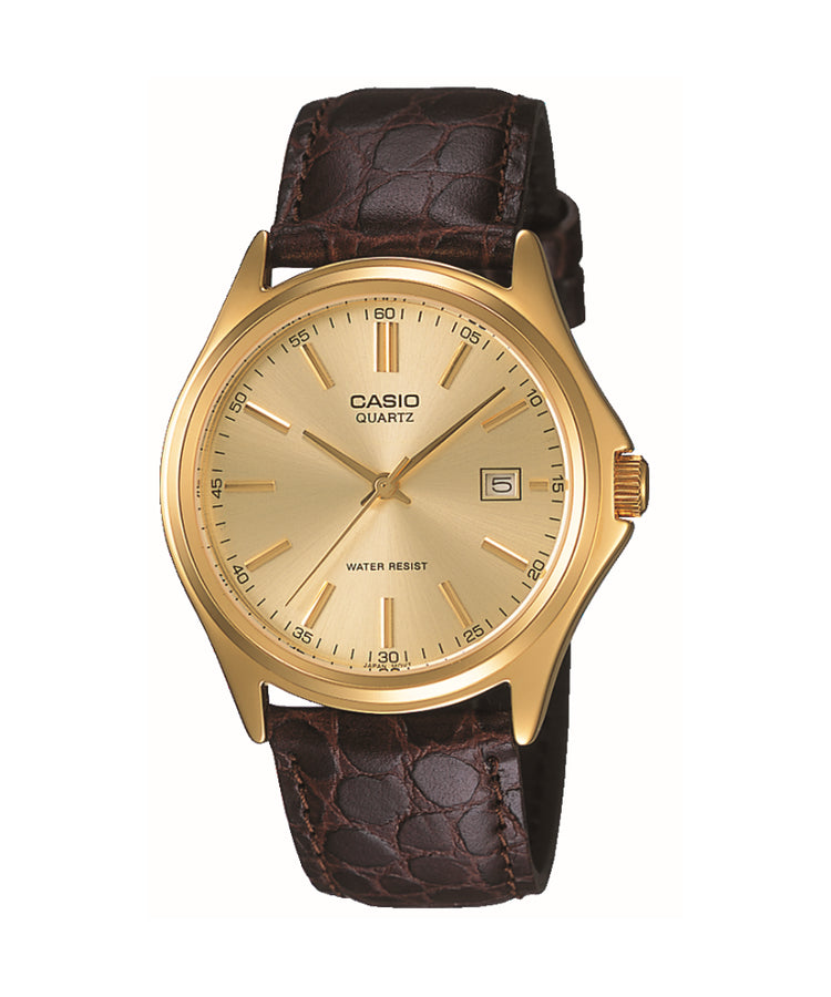 Casio Men's Watch on Leather Strap with Gold Bezel and Dial. MTP-1183Q-9A