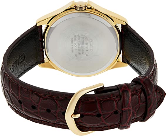 Casio Men's Watch on Leather Strap with Gold Bezel and Dial. MTP-1183Q-9A
