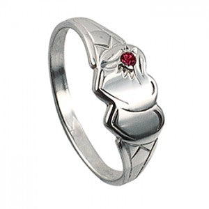 Silver Double Heart Created Ruby Signet Ring
