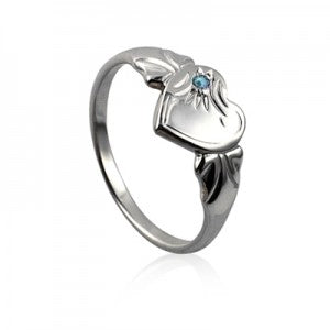 March Heart Birthstone Signet Ring in Sterling Silver