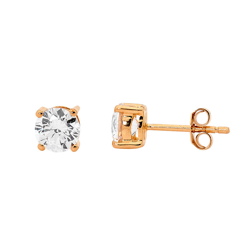 Rose Gold Plated Sterling Silver Round Black Cubic Zirconia Claw Set Stud